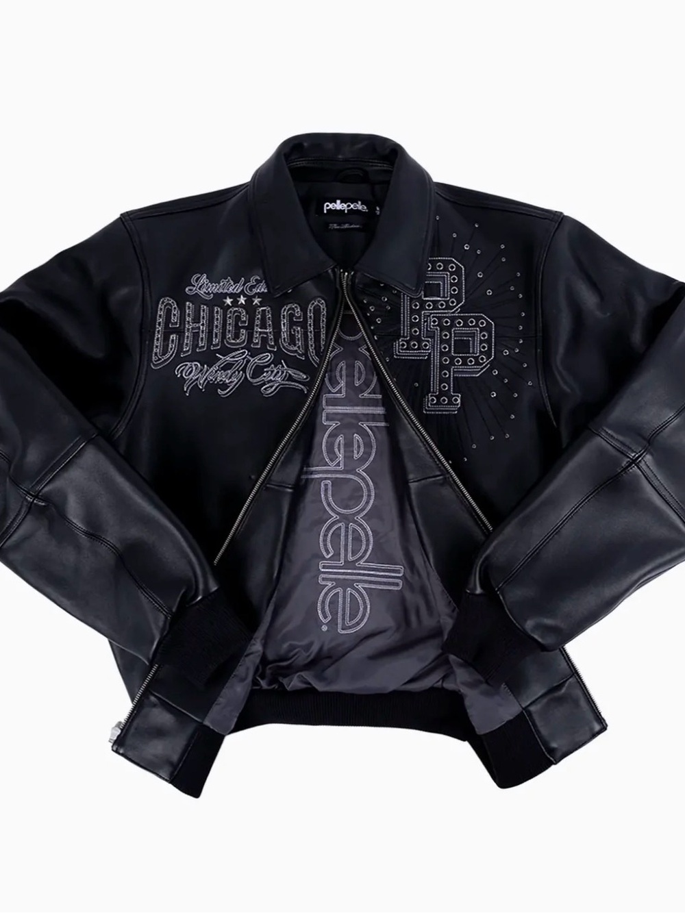 Pelle Pelle Black Embroidered Chicago Leather Bomber Jacket